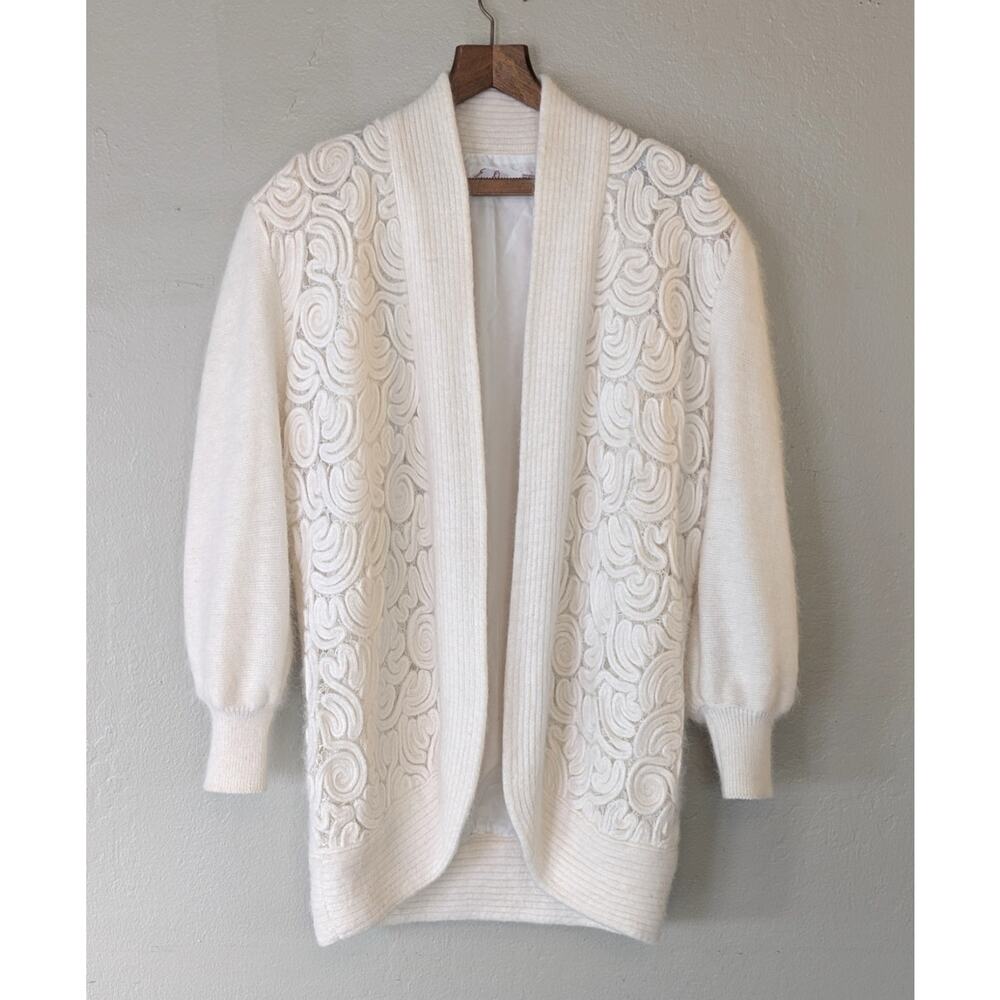Vintage 80s Eddie Dassin Angora Blend Sweater Coat Ivory Applique M